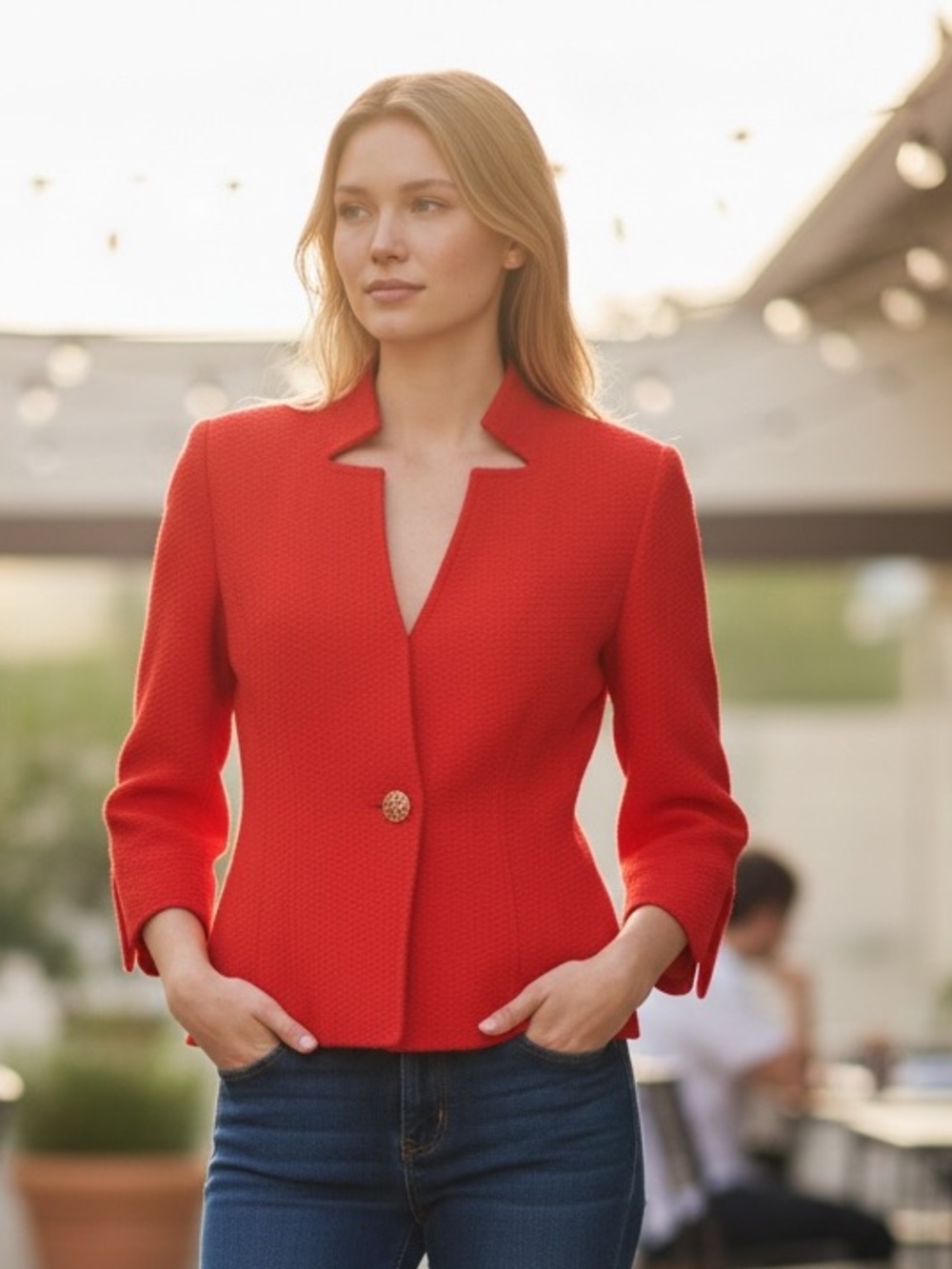 St. John Red Textured Knit Blazer Jacket Size 2 Wool Rayon USA - Picture 2 of 12